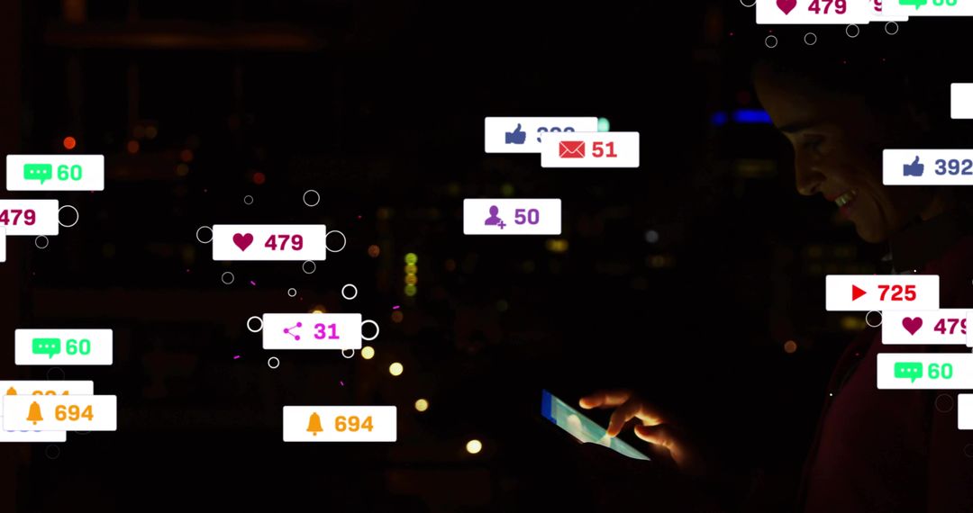 Woman scrolling smartphone on rooftop at night with social media notification overlays