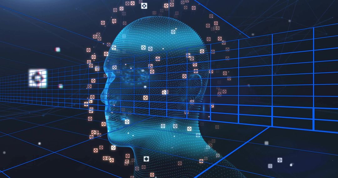 Futuristic Digital Face with AI Elements in Virtual Cyberspace