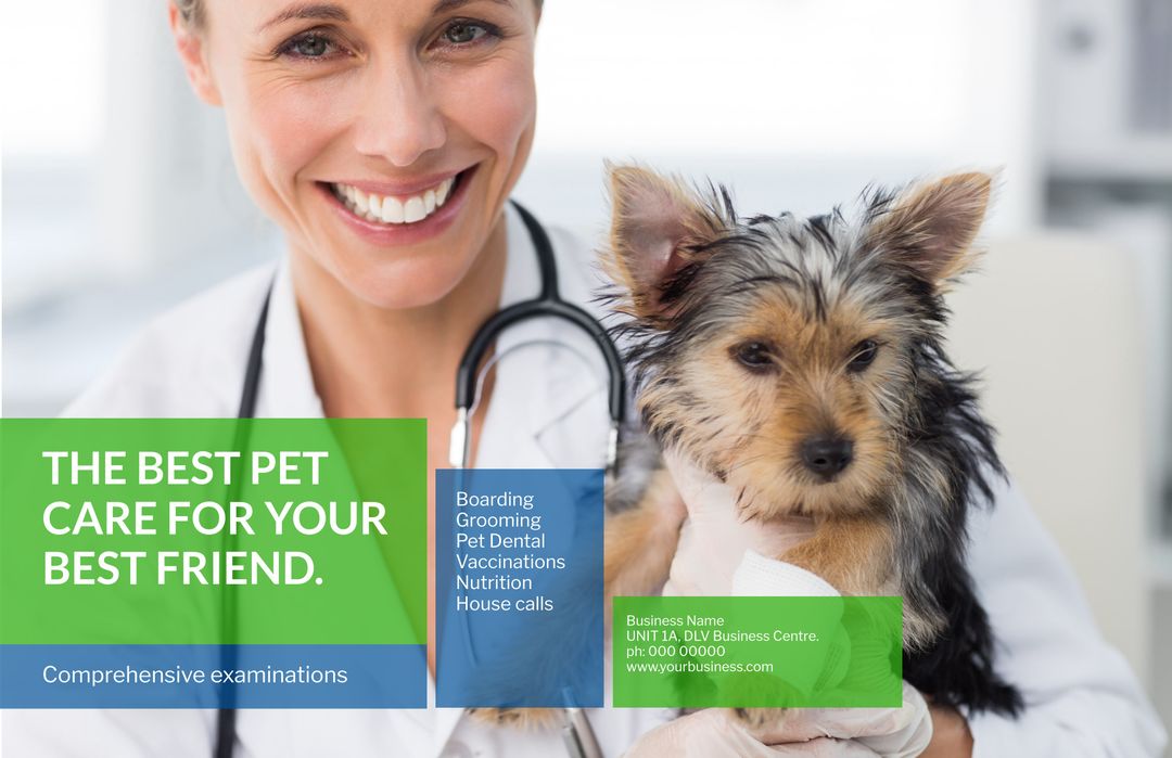 Smiling Veterinarian Holding Small Dog with Medical Tools Present