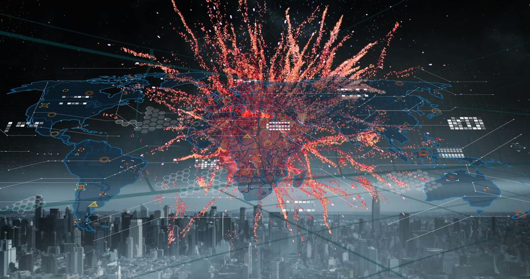 Digital Particles Radiating Over Urban Skyline with Holographic World Map