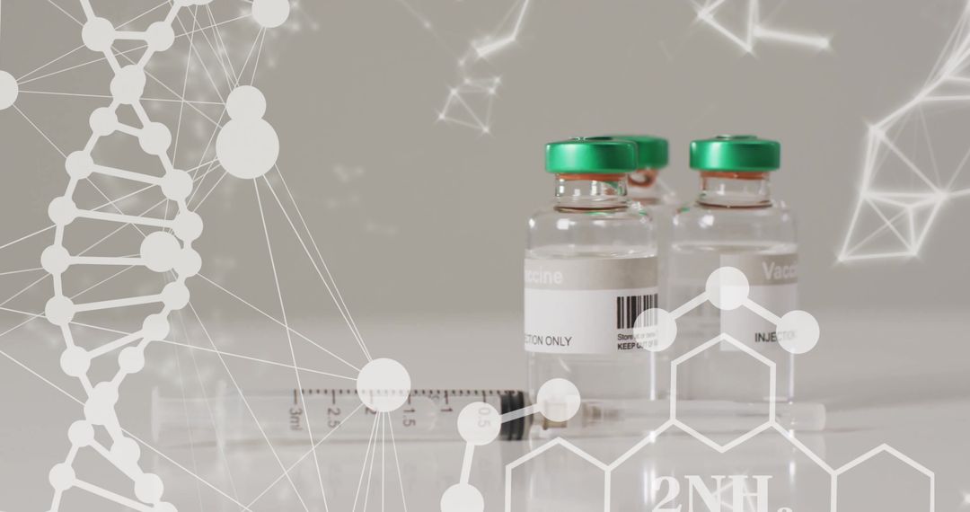 Vaccine Vials and Syringe Amidst DNA and Molecular Graphics