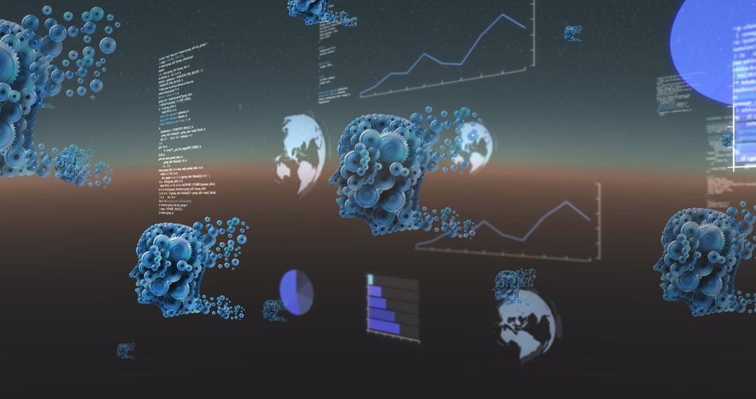 Futuristic Digital Interface with Human Heads and Data Graphs