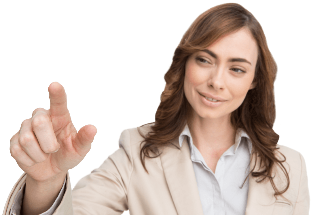 Caucasian Businesswoman Pointing on Transparent Background for Virtual Interface