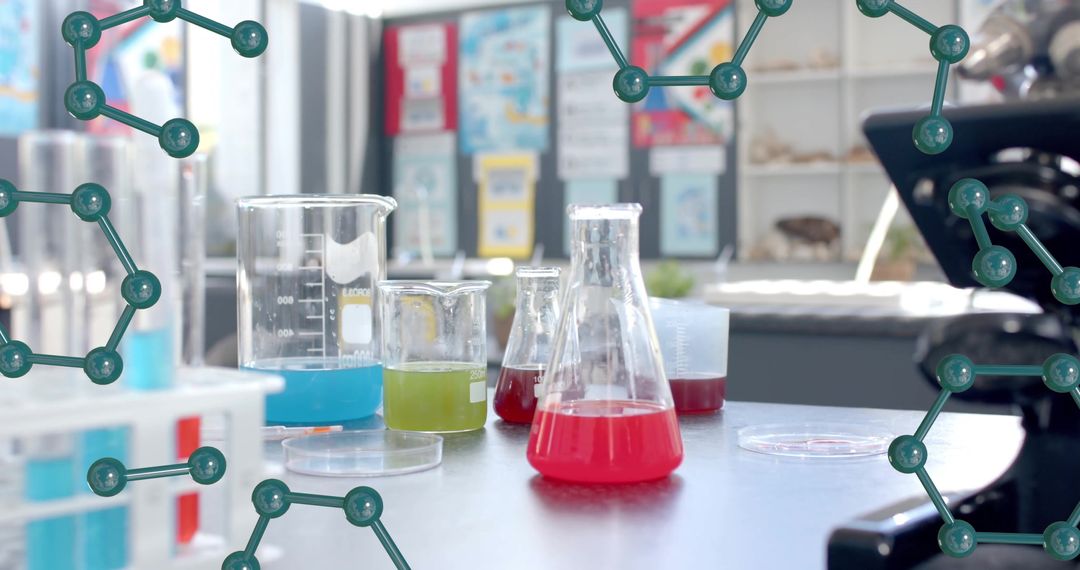 Colorful Chemical Flasks Under Molecular Structures in Laboratory