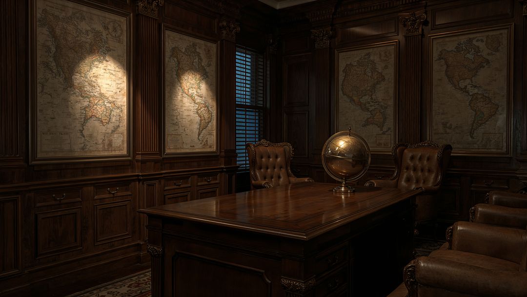 Luxurious british empire vintage study with globe and world maps