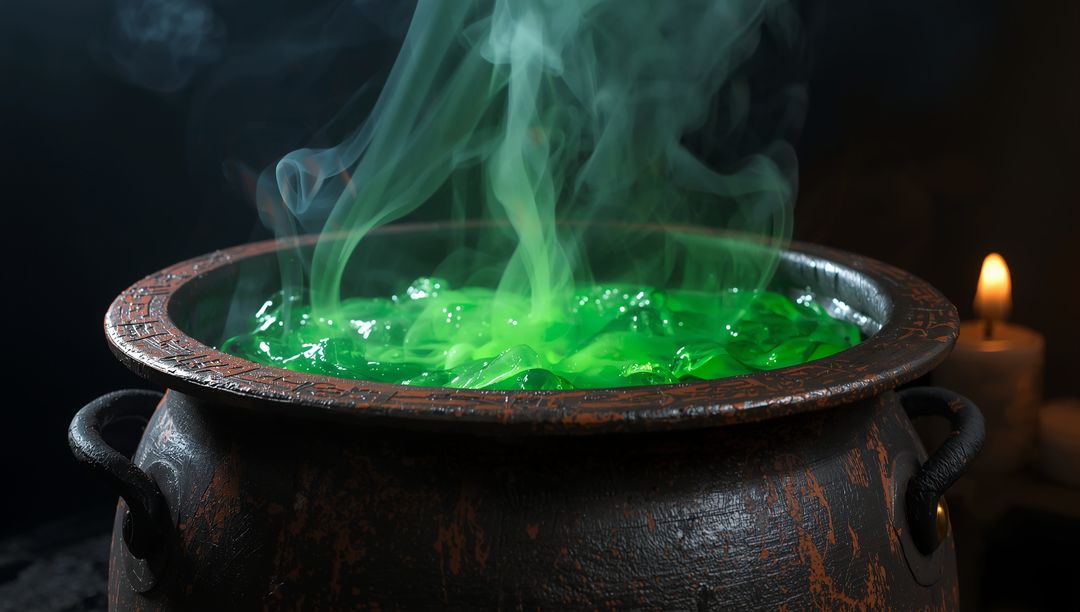 Mysterious Green Potion Bubbling in Iron Cauldron with Vapor