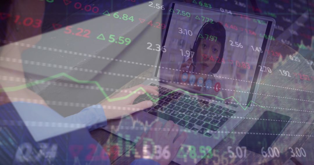 Businesswoman in Video Call with Data Overlay Background