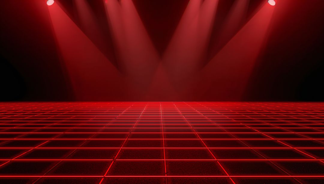 Glowing Red Neon Grid Stage with Spotlights and Retro Futuristic Haze
