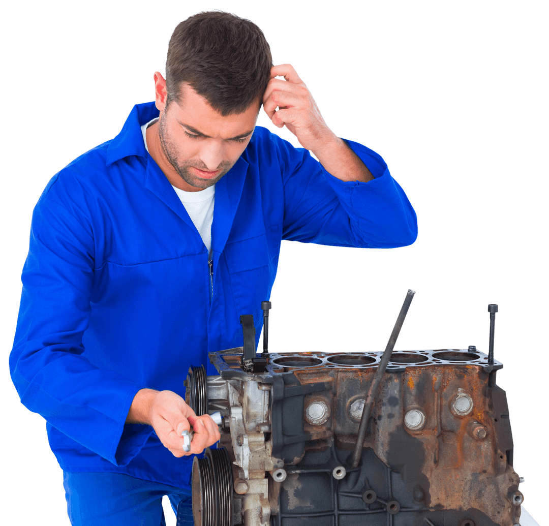 Confused Mechanic Repairing Car Engine on Transparent Background