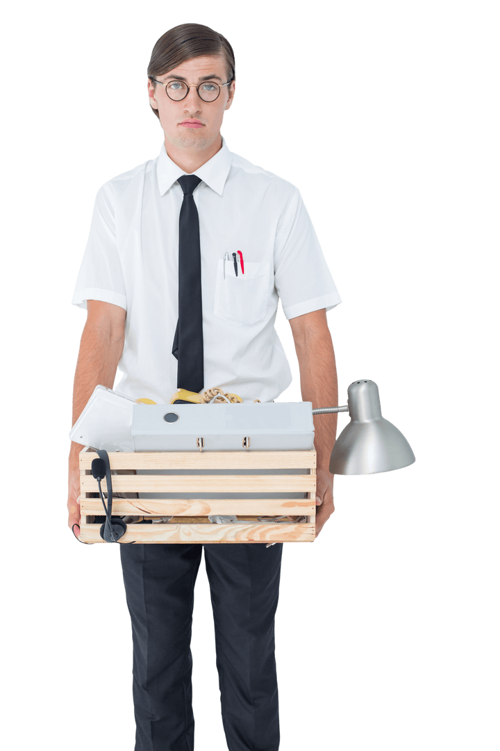 Transparent Background of Sad Businessman with Laid-Off Office Box
