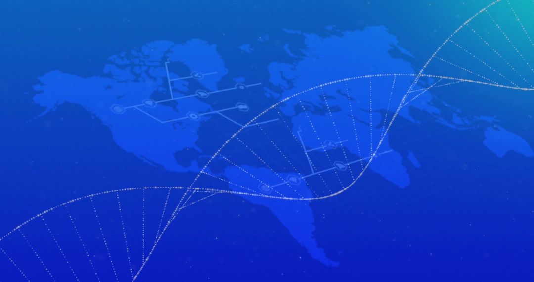 Futuristic DNA Strand Overlapping Global Map in Blue