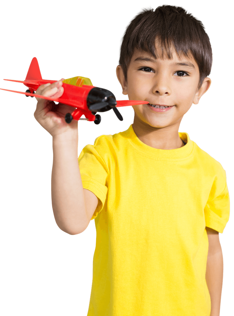 Child Holding Toy Plane on Transparent Background