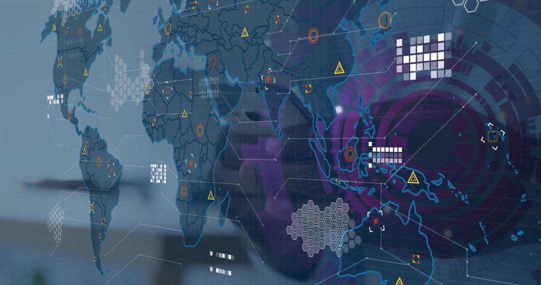 Futuristic Digital World Map with Data Visualization in Modern Office