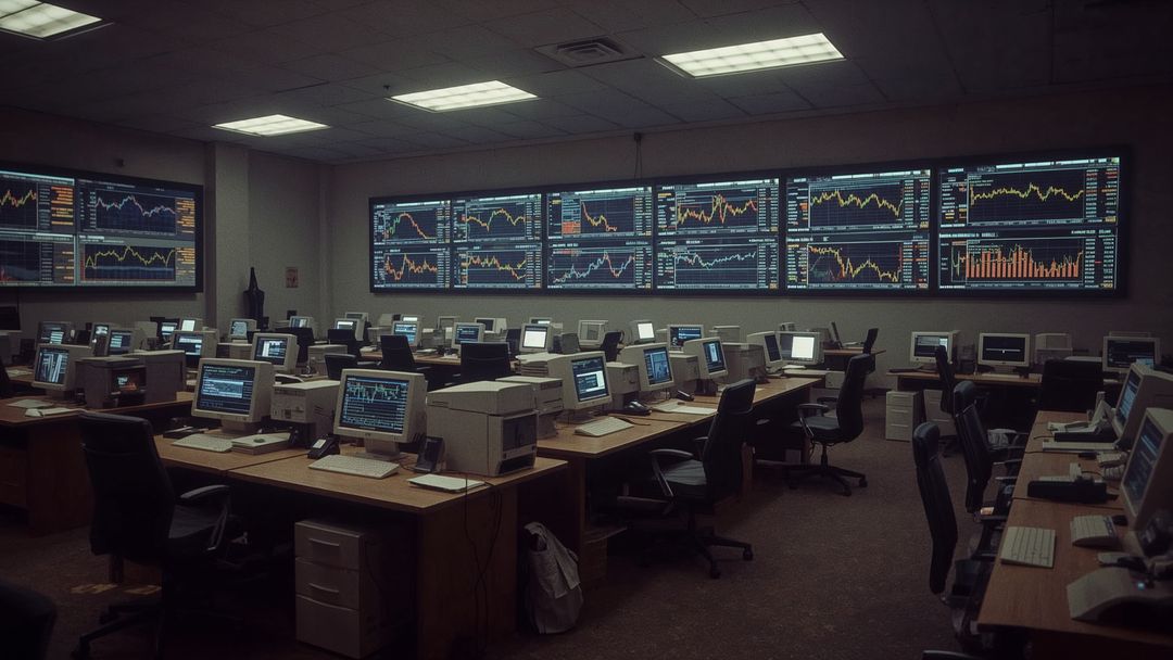 Busy Trading Room with Overhead Digital Stock Charts