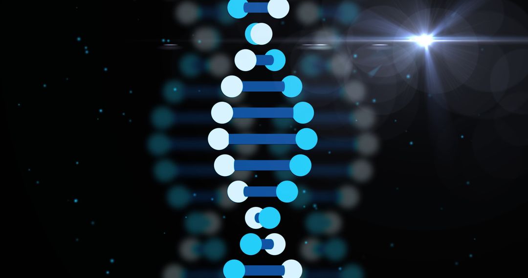 Futuristic DNA Helix with Shining Lens Flare and Blue Glowing Particles