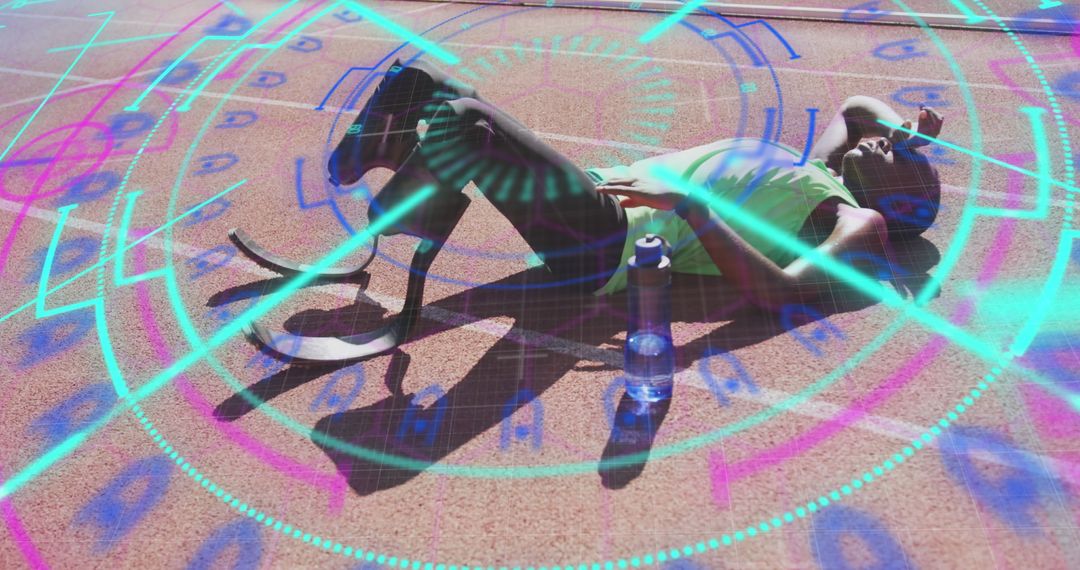 Athlete with Prosthetic Legs Resting on Track with Digital Overlay