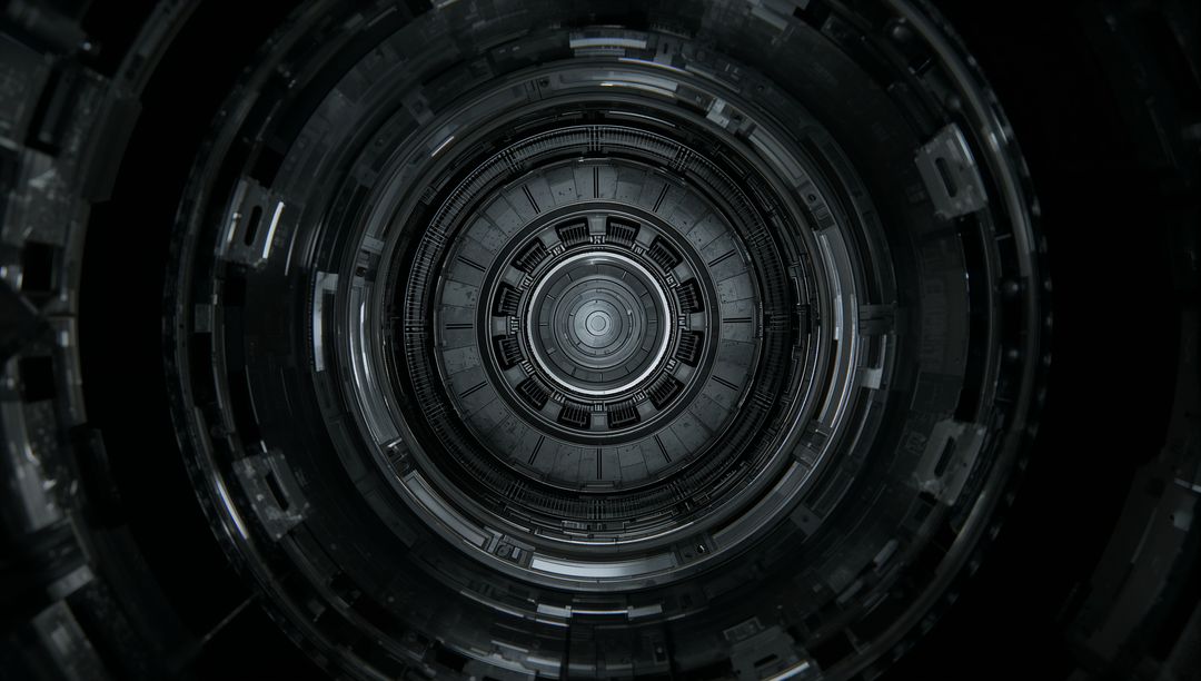 Futuristic Radial Reactor Interior with Concentric Metal Rings and Central Core Port