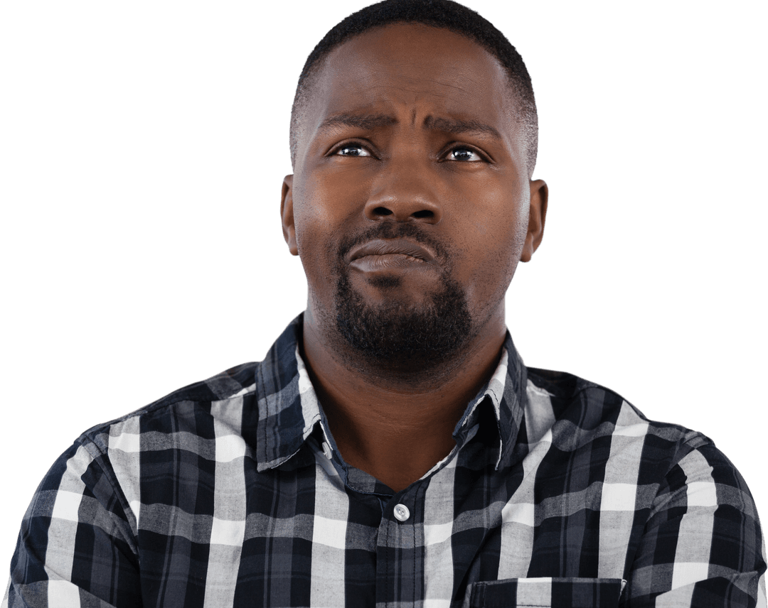 Thoughtful African American Man in Checkered Shirt Transparent Background
