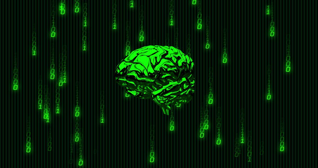 Glowing Green Brain with Digital Binary Code Background