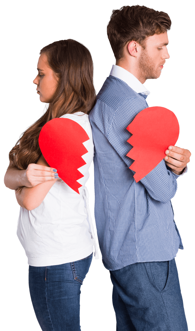 Young Couple Holding Broken Heart on Transparent Background