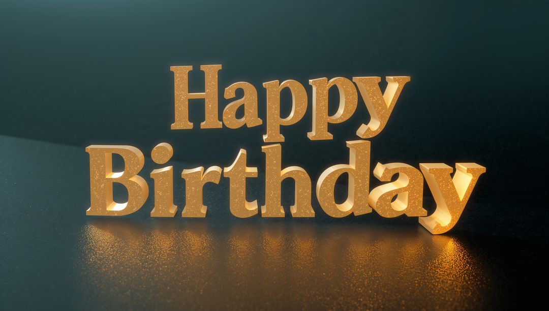 Glittering Gold Happy Birthday 3D Letters Casting Warm Reflections on Dark Surface