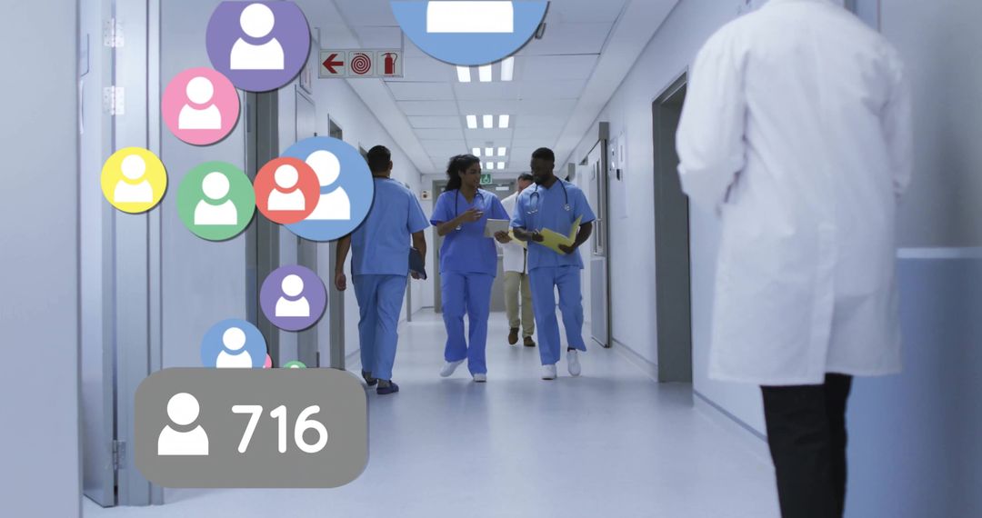 Innovative Medical Team Walking with Digital Interface in Hospital