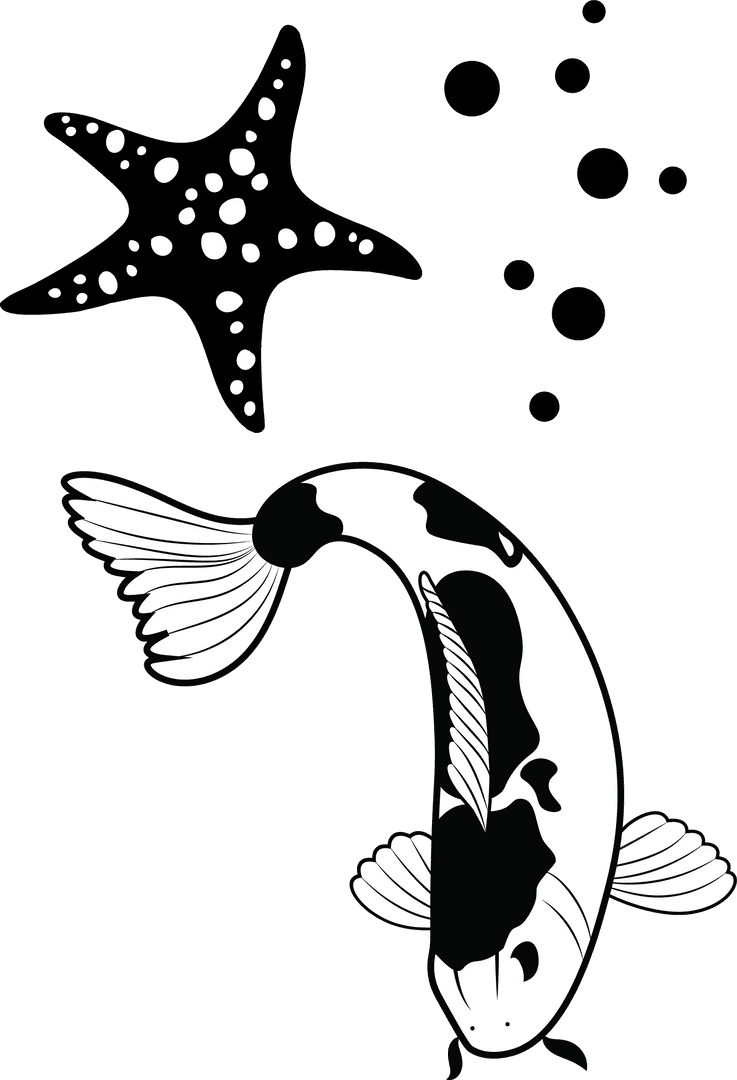 Monochrome Koi Fish and Spotted Starfish with Bubbles Illustration