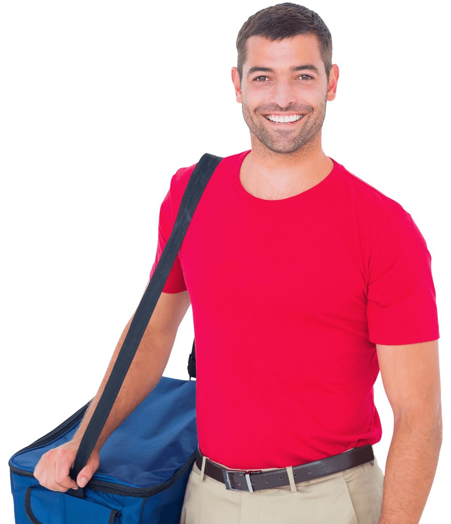 Smiling Delivery Worker with Pizza Bag Transparent