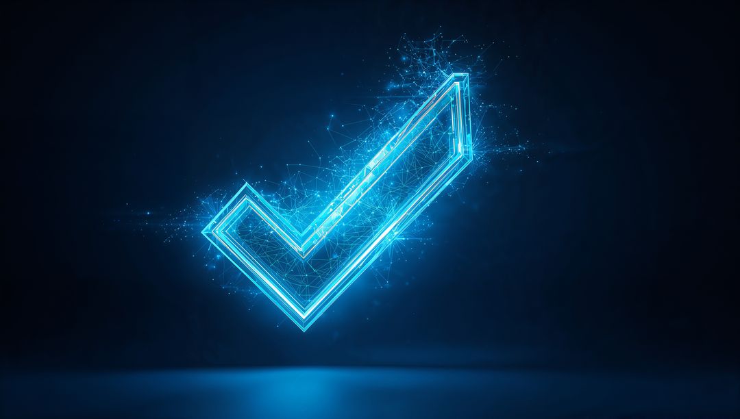 Holographic Check Mark in Futuristic Digital Environment