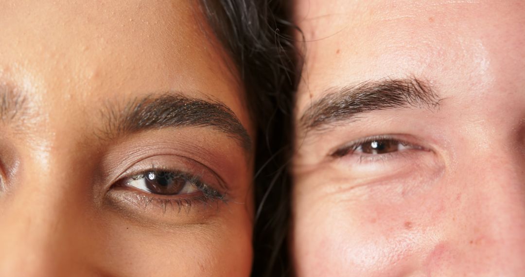 Close-Up of Diverse Couple's Eyes and Brows Highlighting Elegance and Intimacy