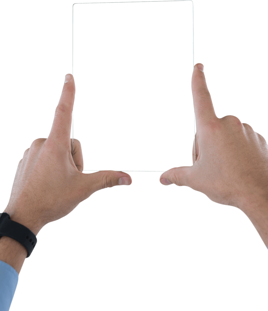 Hands Holding Transparent Digital Tablet on Isolated Background