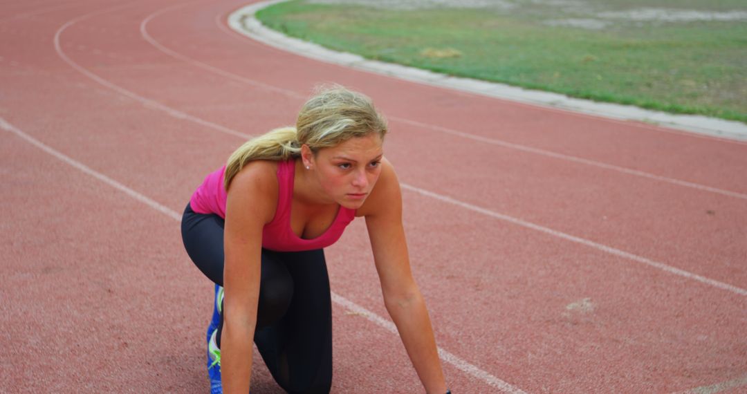 Determined Female Athlete Preparing to Sprint on Track - Free Images, Stock Photos and Pictures on Pikwizard.com