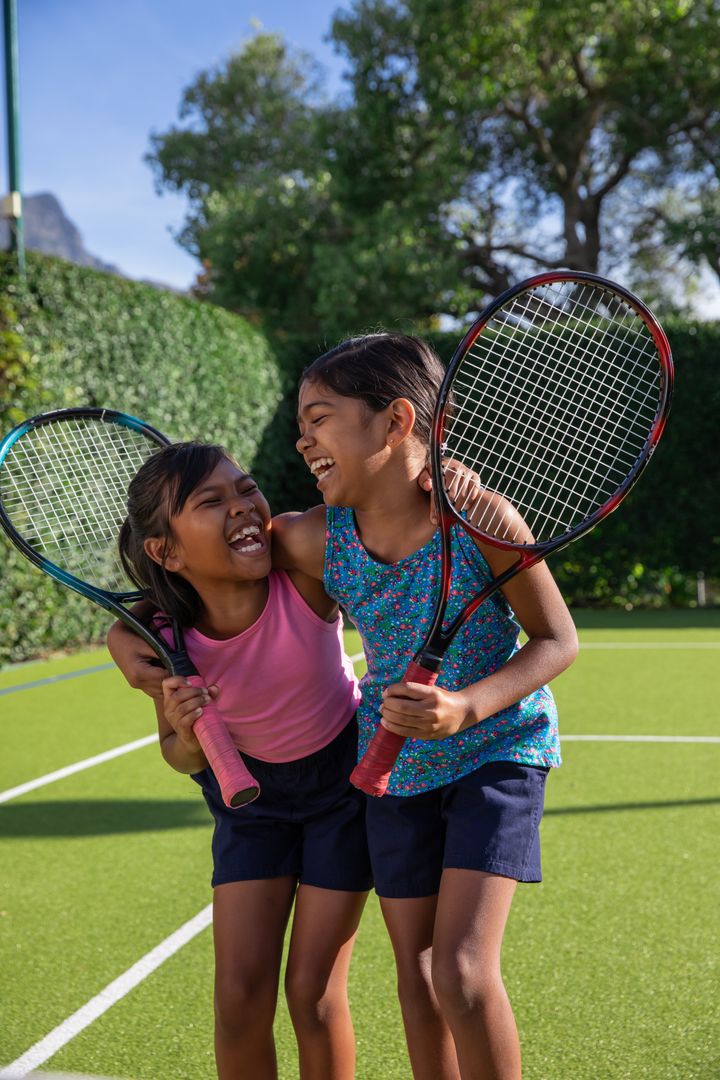 Sisters Laughing and Embracing with Tennis Rackets on Court