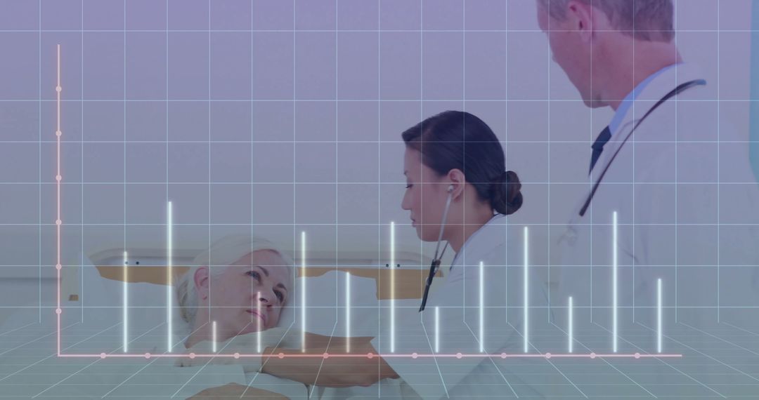 Doctors Monitoring Senior Patient with Graphical Health Data Analytics Overlay