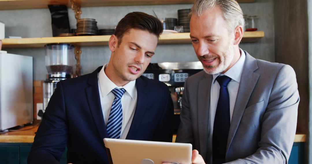 Two Businessmen Discussing Project in Coffee Shop Using Tablet - Free Images, Stock Photos and Pictures on Pikwizard.com