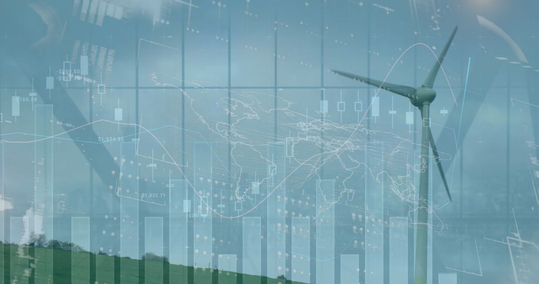 Sustainable Energy Concept with Wind Turbine and Digital Overlay