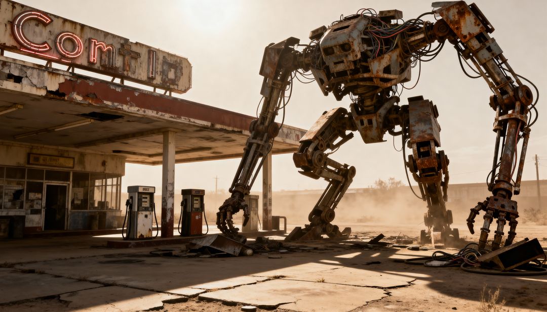 Rusted robot walker looming over abandoned gas station under dusty backlit neon sky