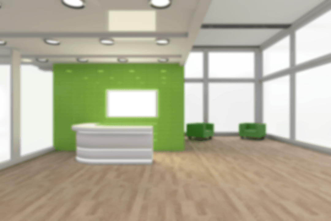 Transparent Lobby with Green and White Minimalist Design