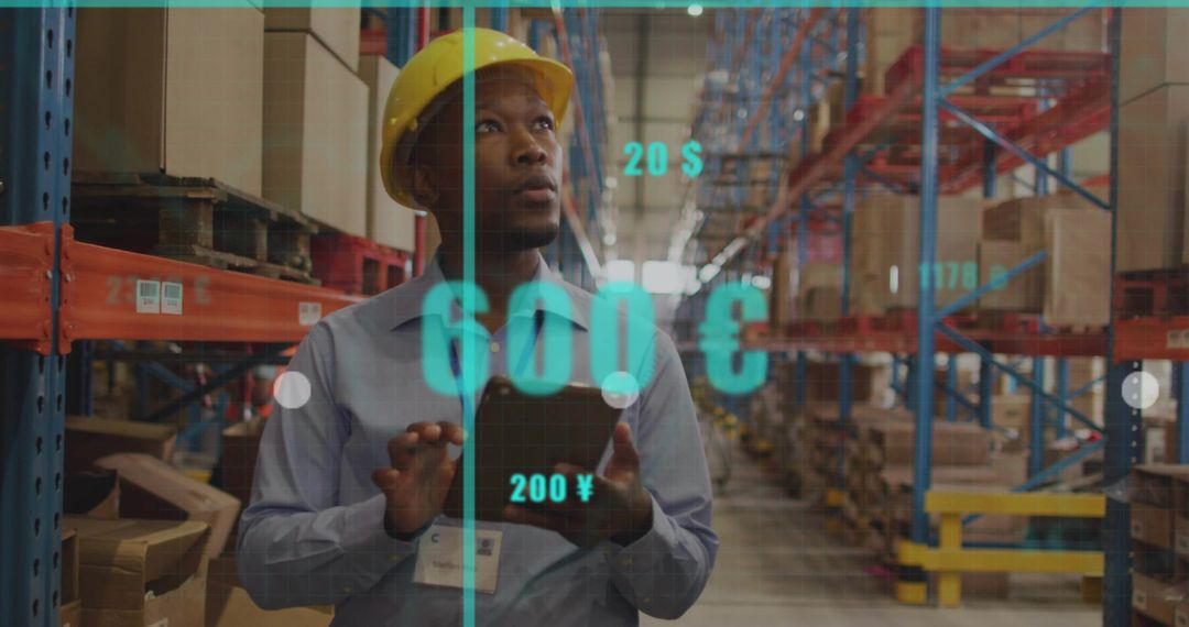 Warehouse Worker Wearing Hard Hat Using AR Tablet for Inventory and Logistics Analytics