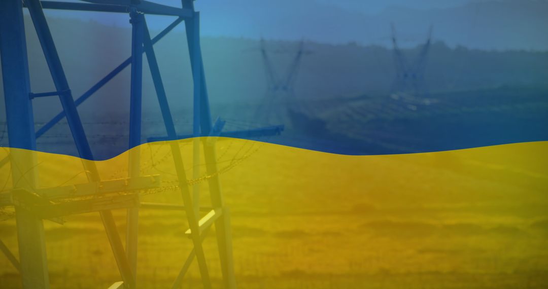 Ukraine Flag Overlay on Field with Electricity Poles