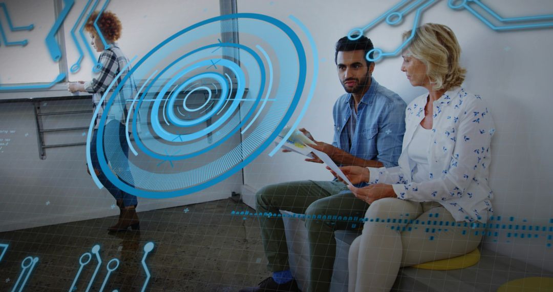 Colleagues Reviewing Documents in Futuristic Office with Digital AR Overlays and Networking