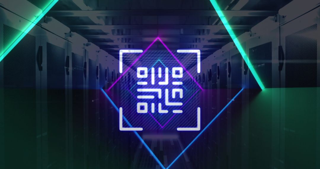 Digital Security Concept with QR Code and Neon on Server Background
