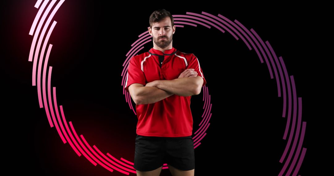 Confident Athlete in Red with Spiral Dynamic Background