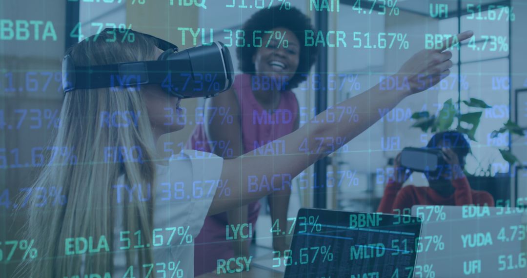 Diverse Coworkers Engaging with VR and Stock Market Interface