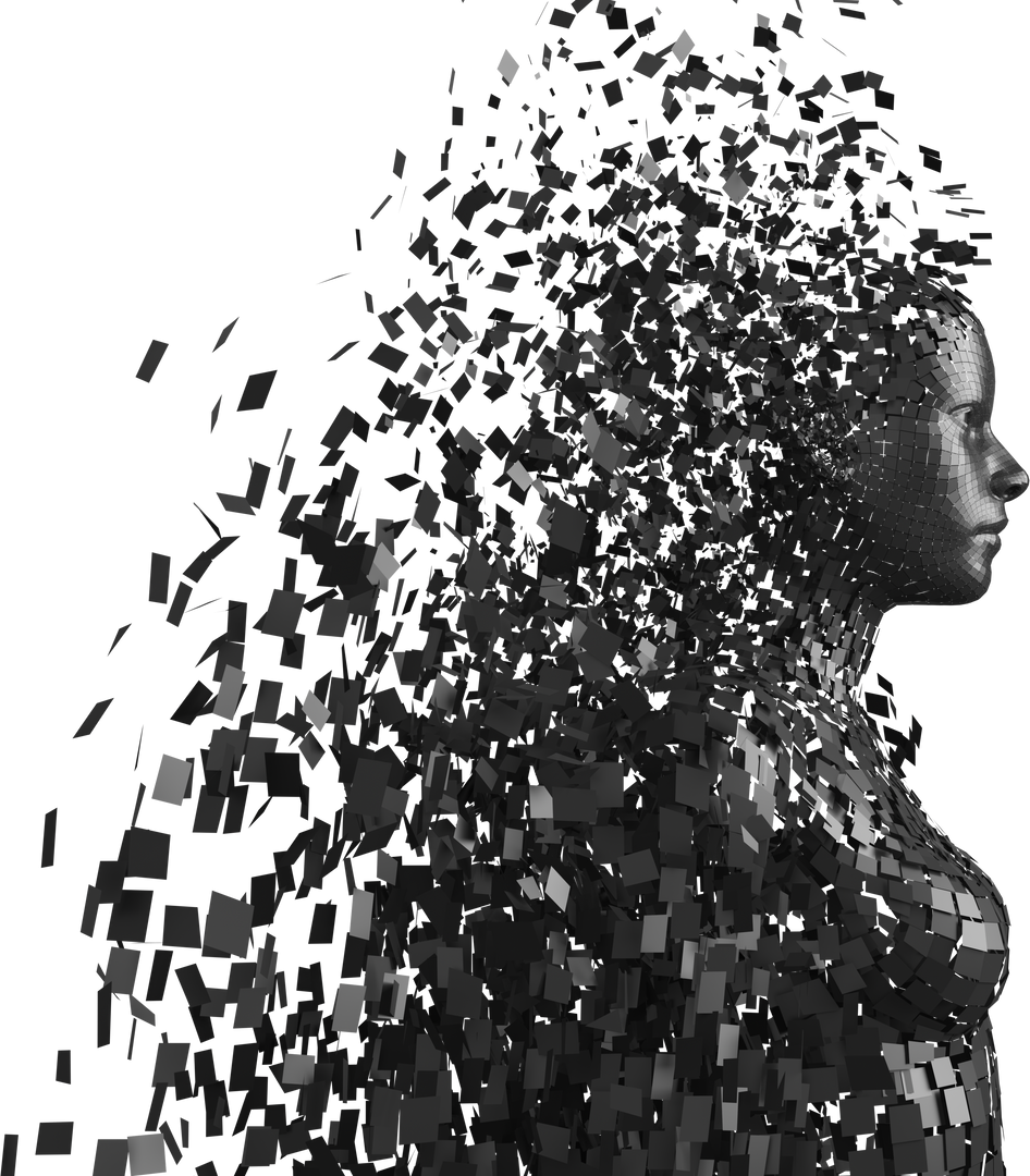 Abstract Transparent 3D Female Pixel Avatar Dissipating into Fragments - Download Free Stock Images Pikwizard.com