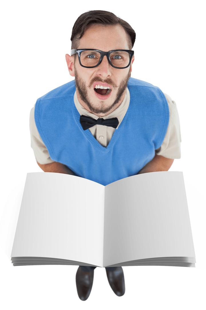 Confused Man with Glasses Holding Empty Book on Transparent Background