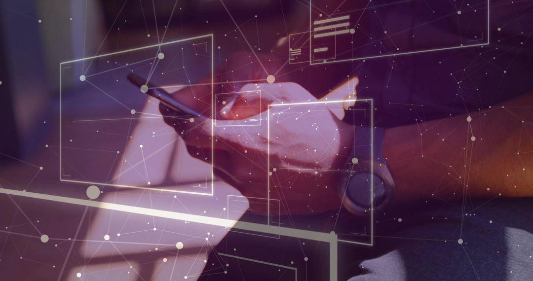 Man Interacting with Smartphone Amidst Digital Icon Overlay