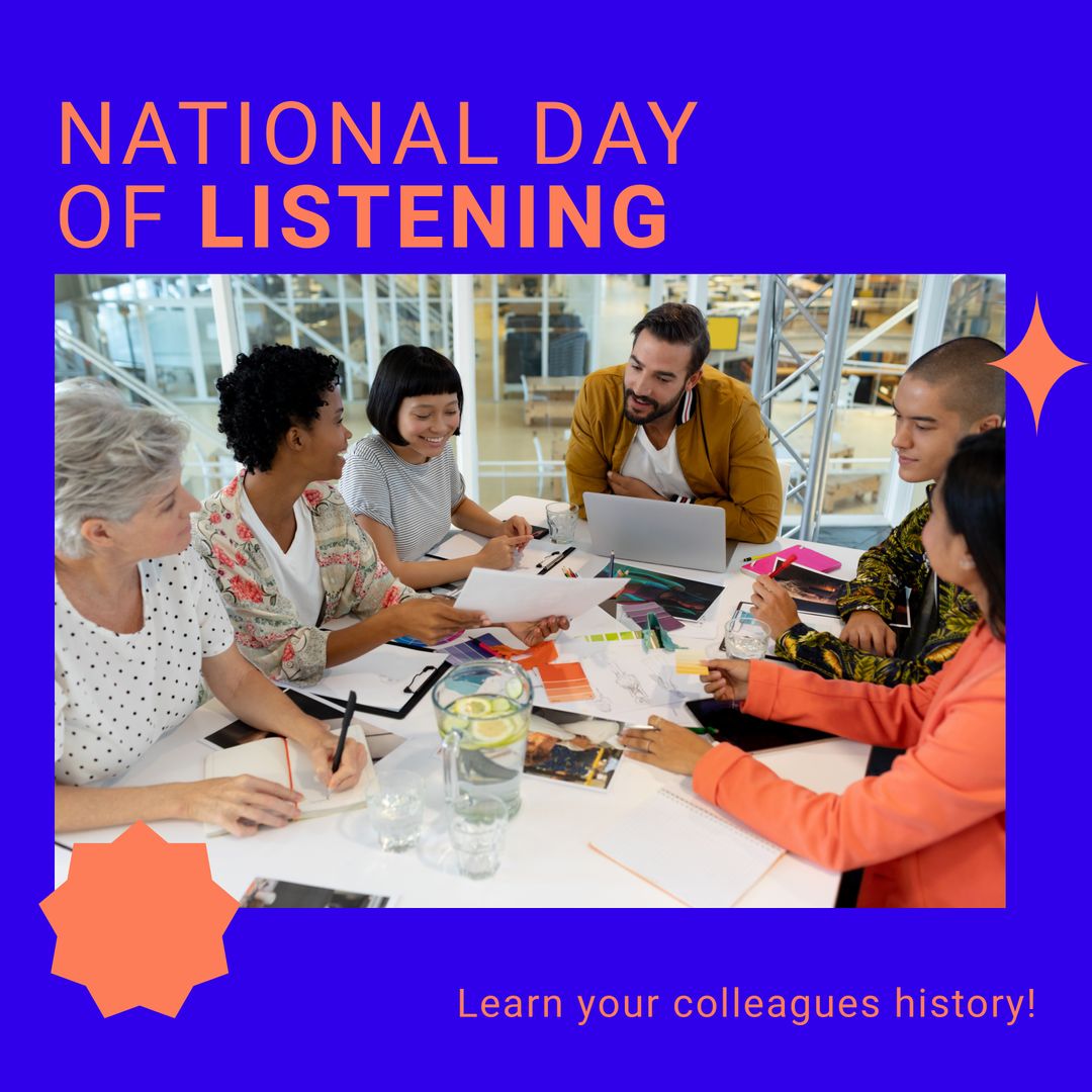 Diverse Team Celebrating National Day of Listening at Office