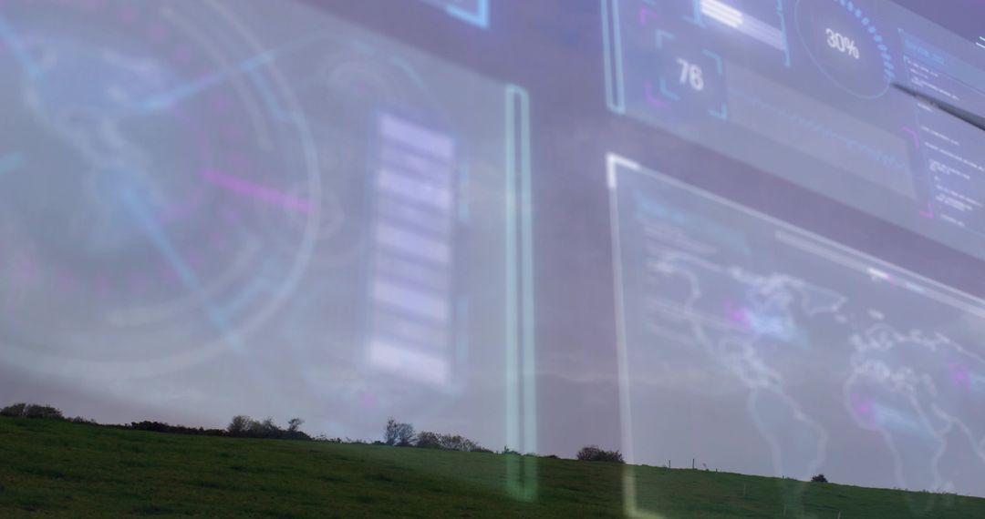 Rural Hillside Blending with Futuristic HUD World Map Overlay for Geospatial Concept