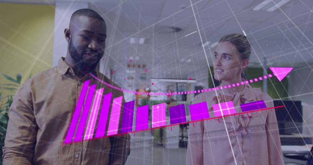 Coworkers Discussing Business Strategy with Graphical Overlay